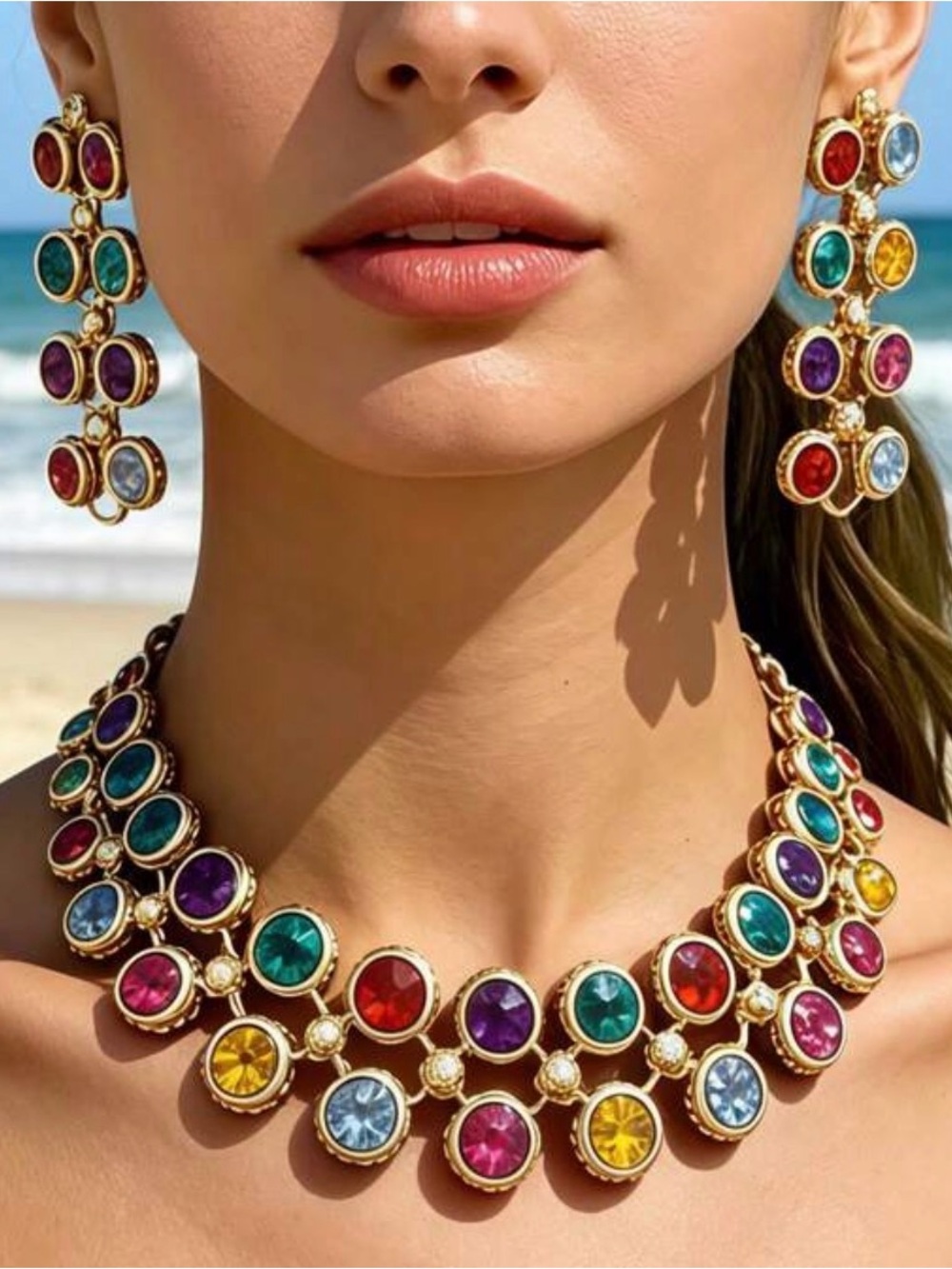 Multicolor Gemstone Statement Necklace and Earrings Set - Gold Tone